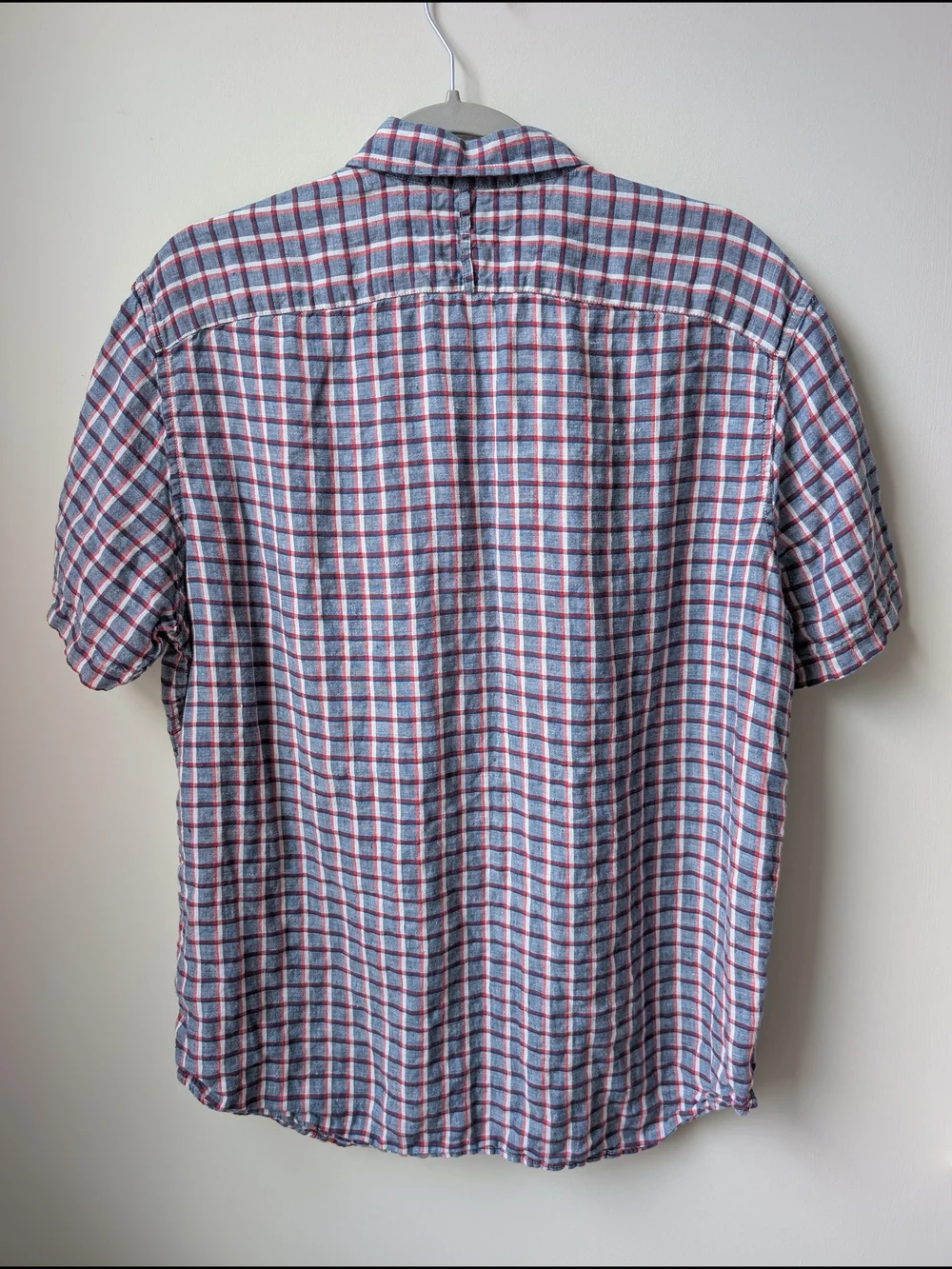 Banana Republic Linen Short Sleeve Shirt Mens L Blue Red White Plaid Camden Fit